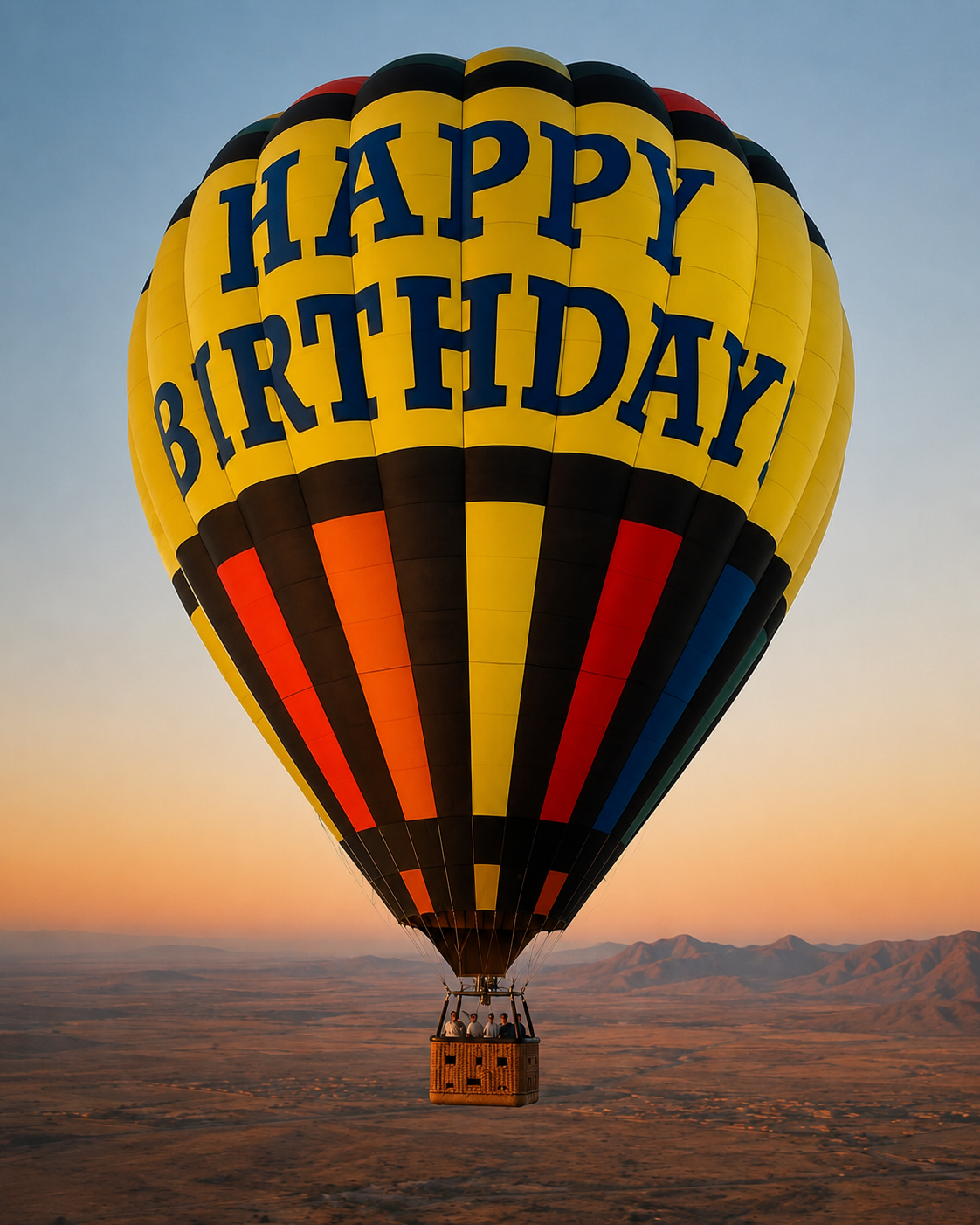 Happy Birthday hot air balloon above the desert